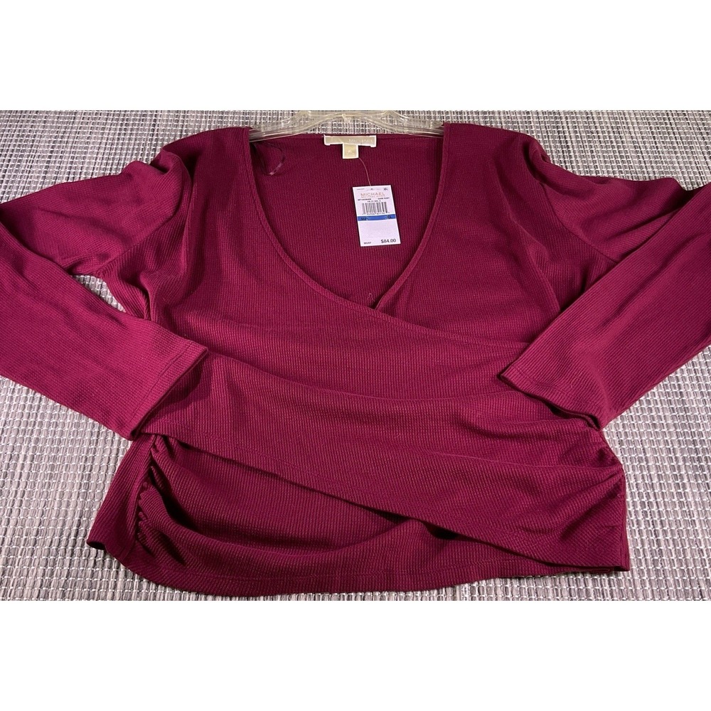 Michael Kors Women Dark Ruby Red Waffle Knit Wrap Front Ruched Top XL MF1503W48B